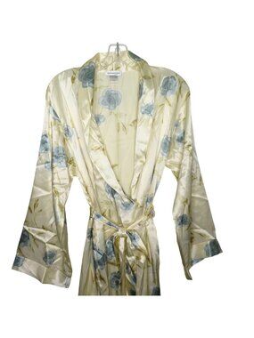 Vintage Jones New York Womens Floral Satin Robe L/XL Cream Blue Roses Belted